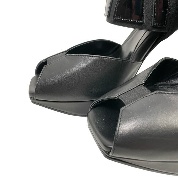 Dana Davis | Annie Black Leather Slingback Peep Toe Tall Heel Platform Sandals - Picture 6 of 9